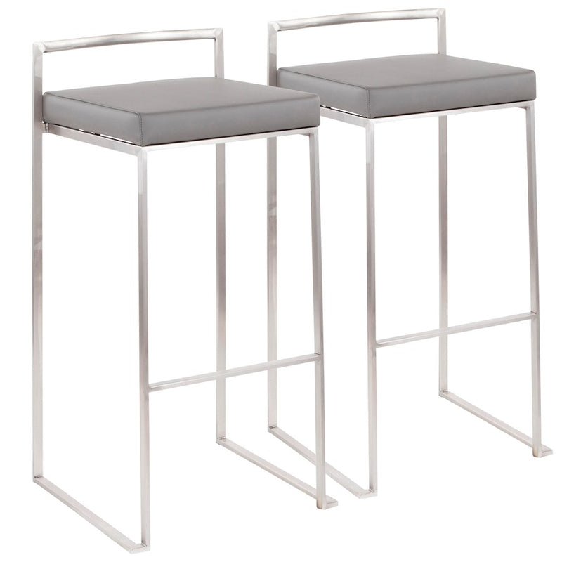 LumiSource Fuji Stackable Barstool Set of 2 | Contemporary Stainless Steel and Grey PU | Kitchen Island & Home Bar Seating | Model B30-FUJIGY2