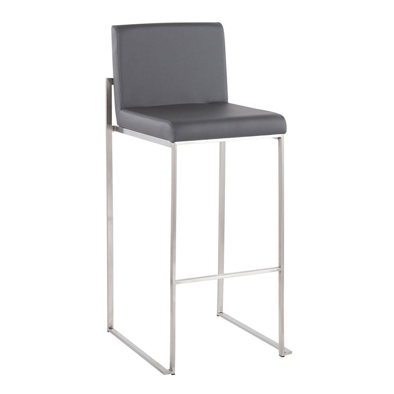 LumiSource Fuji High Back Barstool Set of 2 | Stainless Steel and Grey PU Leather | Kitchen Island & Home Bar Seating | Model B30-FUJIHBSSGY2