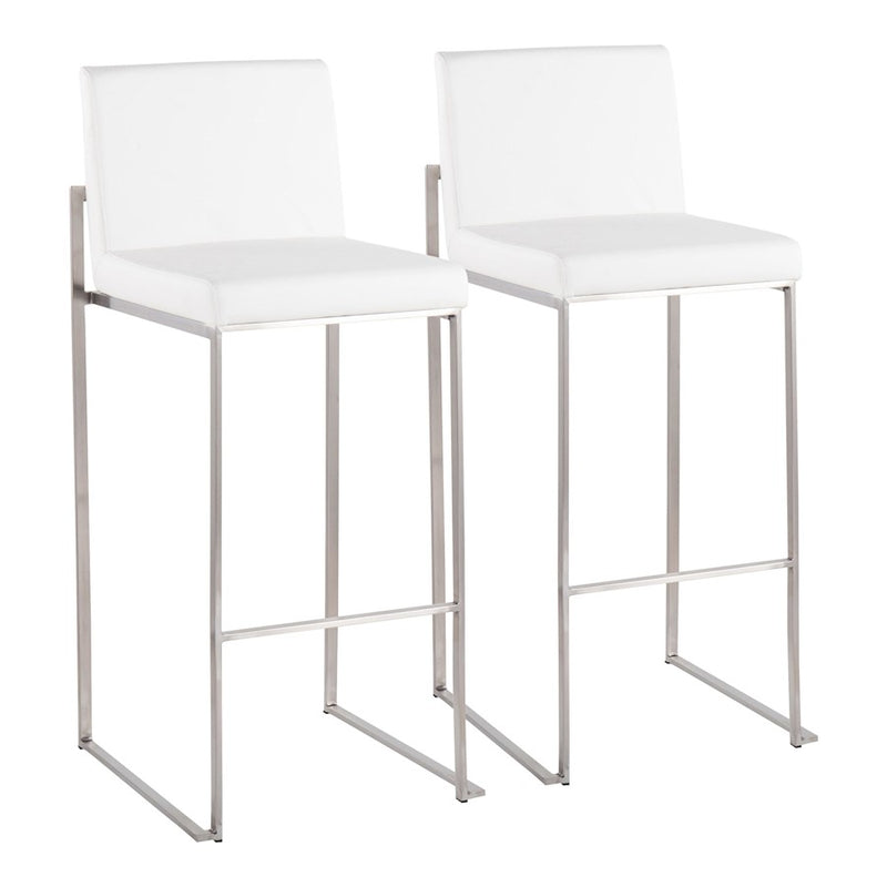 LumiSource Fuji High Back Barstool Set/2 | Contemporary White PU on Brushed Stainless Steel | Kitchen Island & Bar Seating | Model B30-FUJIHBSSW2