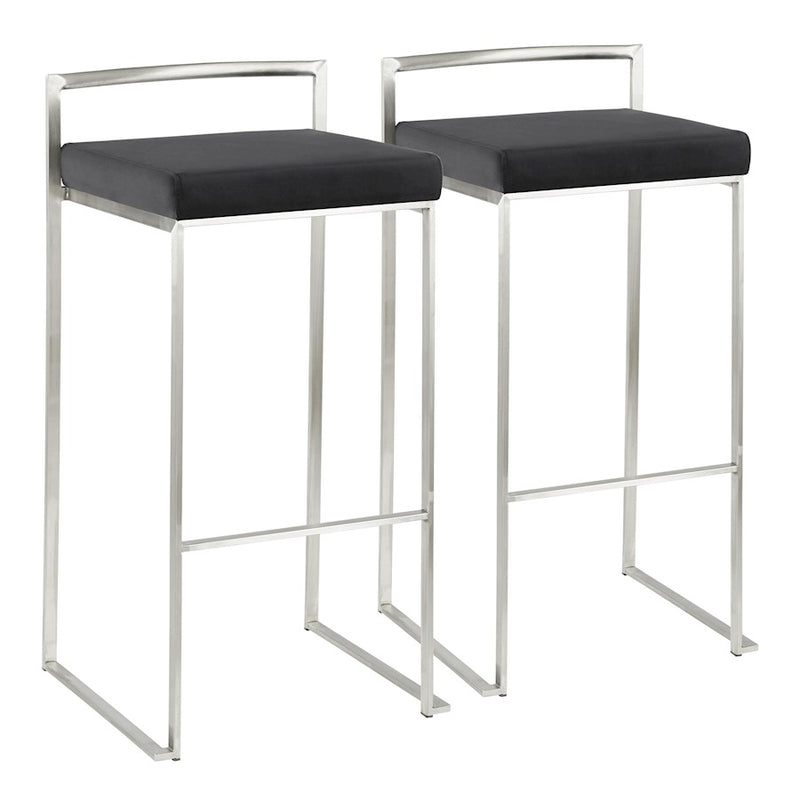LumiSource Fuji 16in Stackable Barstool Set of 2 | Contemporary Brushed Stainless Steel and Black Velvet | Kitchen Island & Home | Model B30-FUJIVBK2