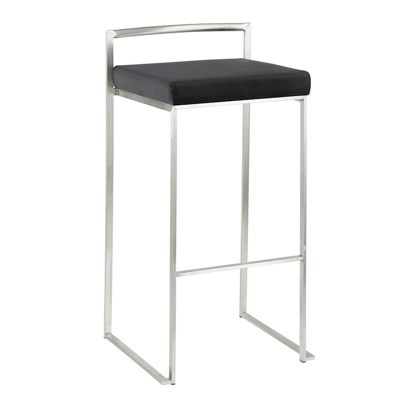 LumiSource Fuji 16in Stackable Barstool Set of 2 | Contemporary Brushed Stainless Steel and Black Velvet | Kitchen Island & Home | Model B30-FUJIVBK2