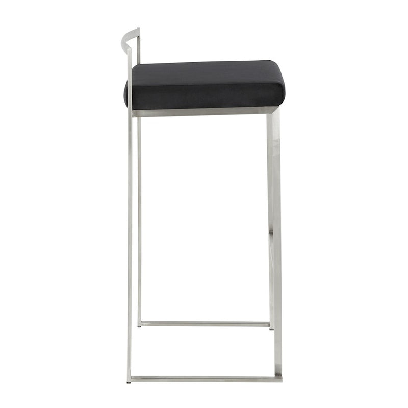LumiSource Fuji 16in Stackable Barstool Set of 2 | Contemporary Brushed Stainless Steel and Black Velvet | Kitchen Island & Home | Model B30-FUJIVBK2