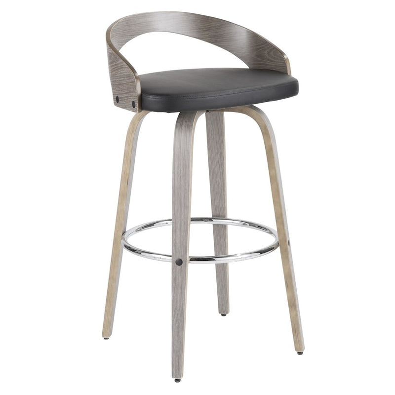 LumiSource Grotto 18in Swivel Barstool Set of 2 | Mid-Century Light Grey Wood and Black PU with Chrome | Kitchen | Model B30-GROTTO2-SWVRLGYBK2