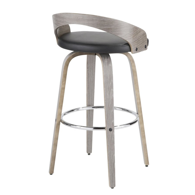 LumiSource Grotto 18in Swivel Barstool Set of 2 | Mid-Century Light Grey Wood and Black PU with Chrome | Kitchen | Model B30-GROTTO2-SWVRLGYBK2