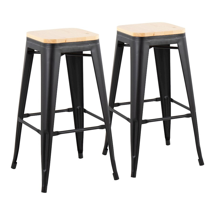 LumiSource Oregon Barstool, Set of 2, Black Steel/Natural Wood - B30-OREGONBKNA2
