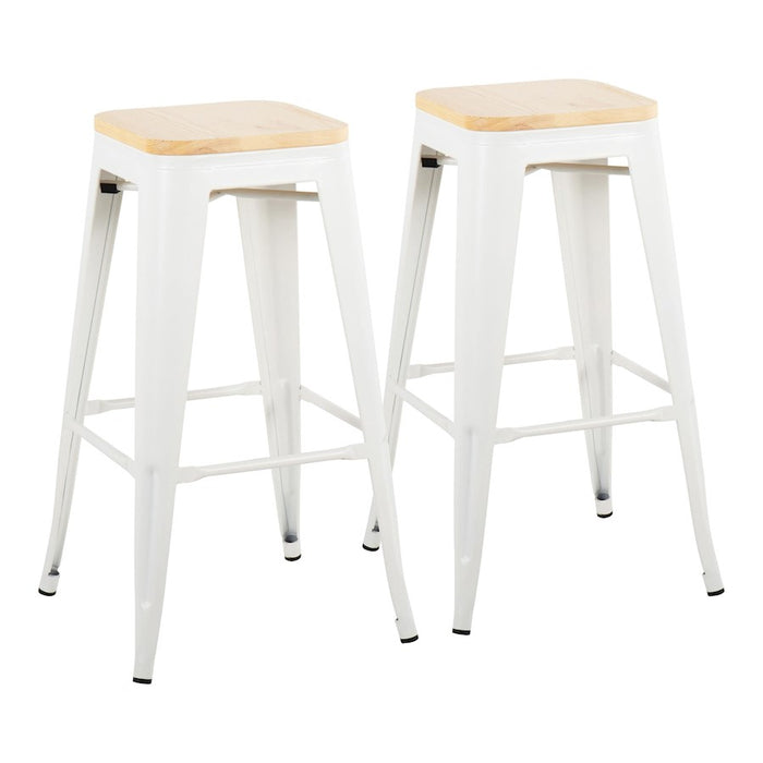 LumiSource Oregon Barstool, Set of 2, White Steel/Natural Wood - B30-OREGONWNA2