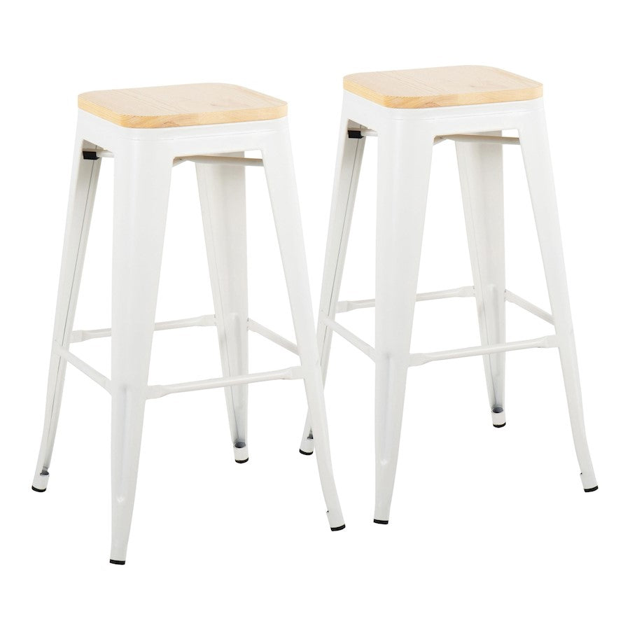 LumiSource Oregon Barstool, Set of 2, White Steel/Natural Wood - B30-OREGONWNA2