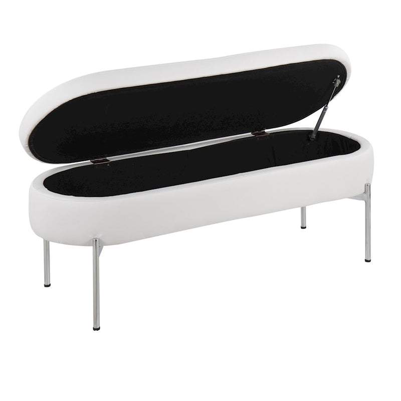 LumiSource Chloe 48in Storage Bench | Glam Chrome and White PU Faux Leather | Entryway & Bedroom Seating with Hidden Storage | Model BC-CHLOESTORW
