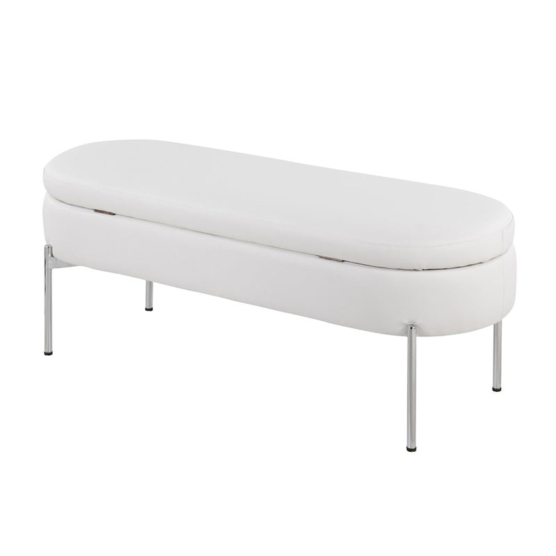 LumiSource Chloe 48in Storage Bench | Glam Chrome and White PU Faux Leather | Entryway & Bedroom Seating with Hidden Storage | Model BC-CHLOESTORW