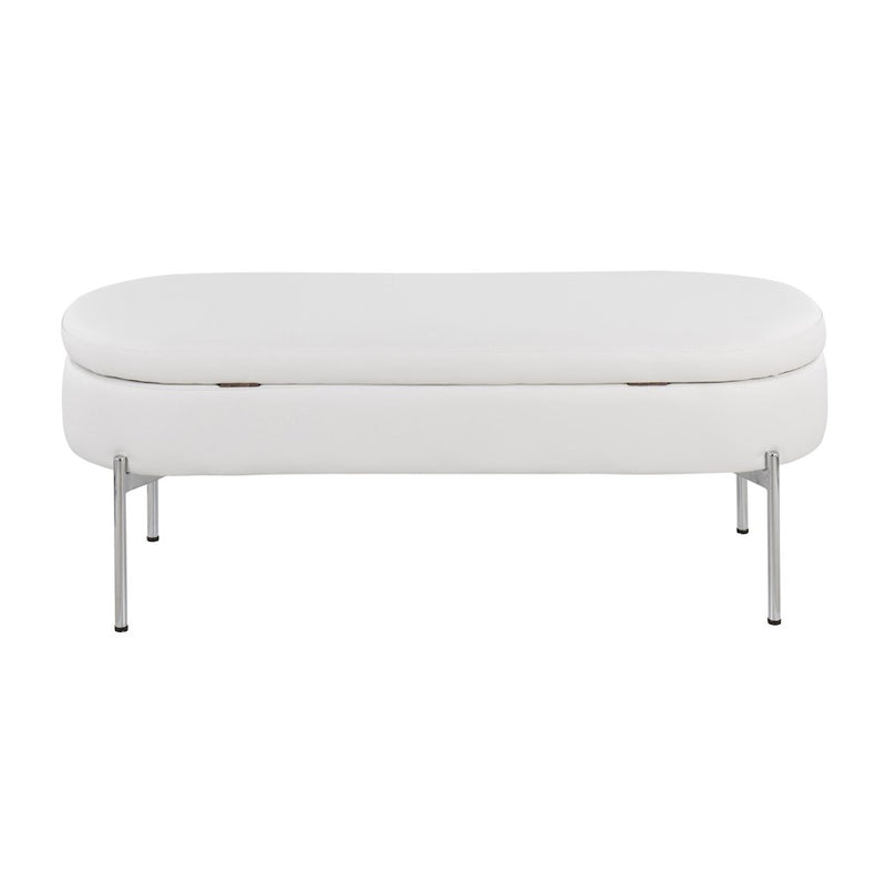 LumiSource Chloe 48in Storage Bench | Glam Chrome and White PU Faux Leather | Entryway & Bedroom Seating with Hidden Storage | Model BC-CHLOESTORW