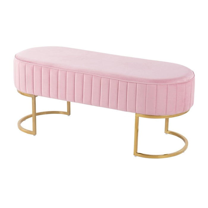LumiSource Demi Pleated Bench in Gold Steel/Pink Velvet