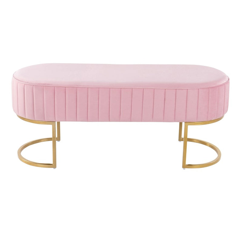 LumiSource Demi Pleated Bench in Gold Steel/Pink Velvet