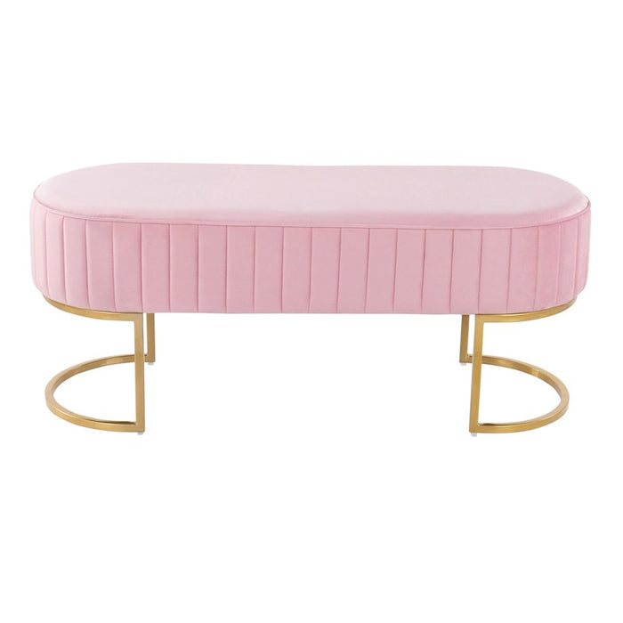 LumiSource Demi Pleated Bench in Gold Steel/Pink Velvet