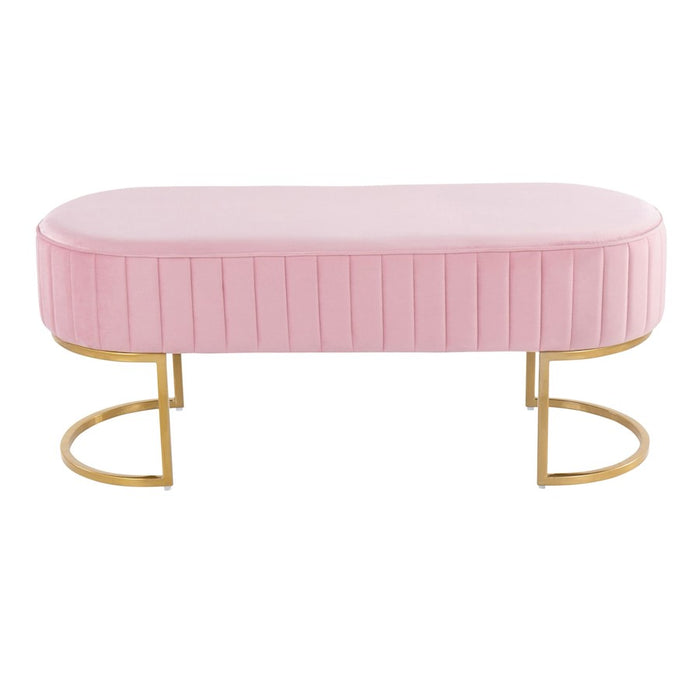 LumiSource Demi Pleated Bench in Gold Steel/Pink Velvet