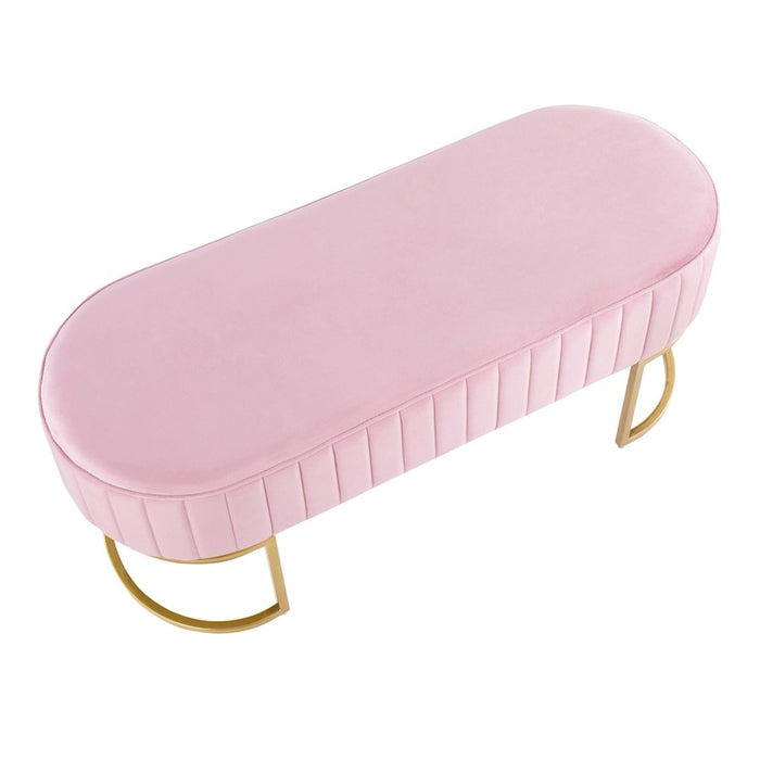 LumiSource Demi Pleated Bench in Gold Steel/Pink Velvet