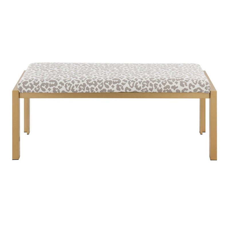 LumiSource Fuji 46in Bench | Gold Metal Frame and Grey Leopard Fabric Cushion | Entryway, Bedroom & Dining Room | Model BC-FUJIAUGYL