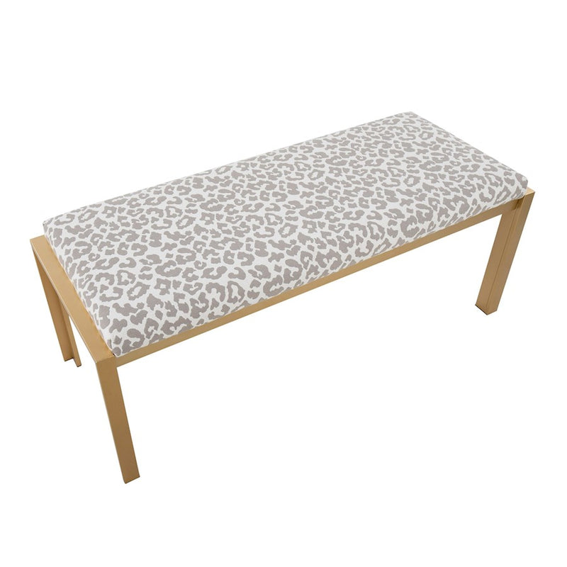 LumiSource Fuji 46in Bench | Gold Metal Frame and Grey Leopard Fabric Cushion | Entryway, Bedroom & Dining Room | Model BC-FUJIAUGYL