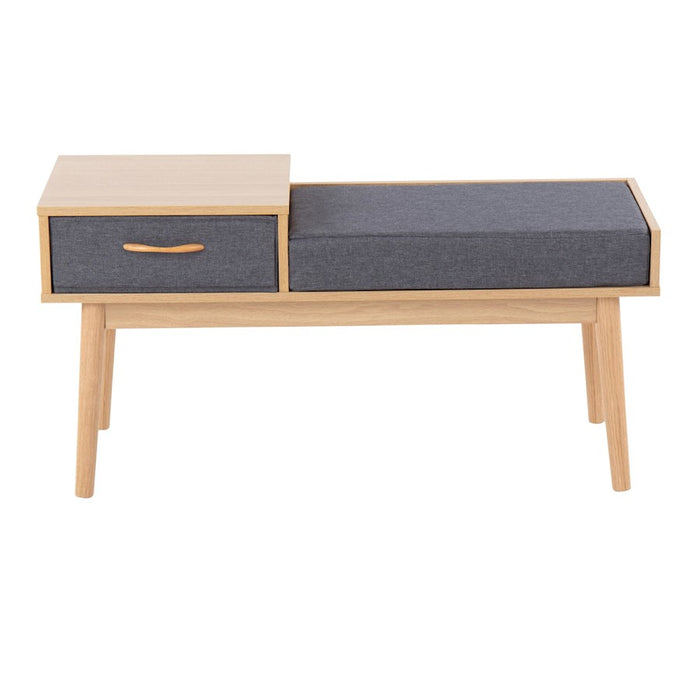 LumiSource Telephone Bench in Natural Wood/Grey Fabric