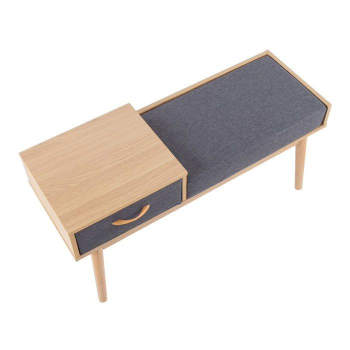 LumiSource Telephone Bench in Natural Wood/Grey Fabric