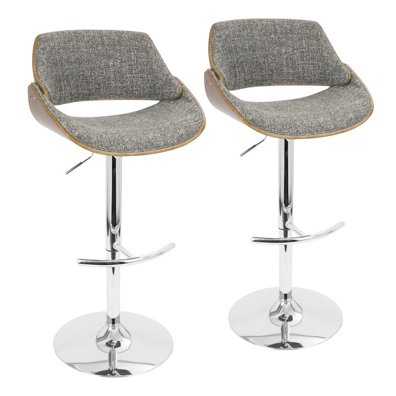 LumiSource Fabrizzi Adjustable Bar Stool Set of 2 | Mid-Century Chrome, Walnut & Grey Fabric | Kitchen Island & Home Bar | Model BS-FBZZ2-SWVRTWLGY2