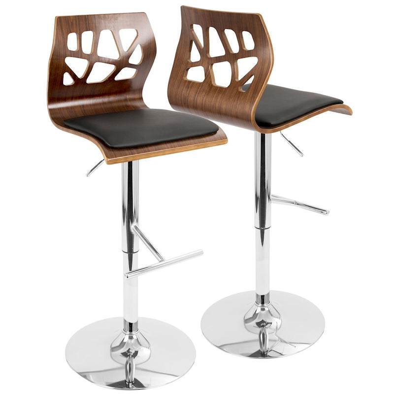 LumiSource Folia Adj Barstool, Set/2, Chrome/Walnut/Black