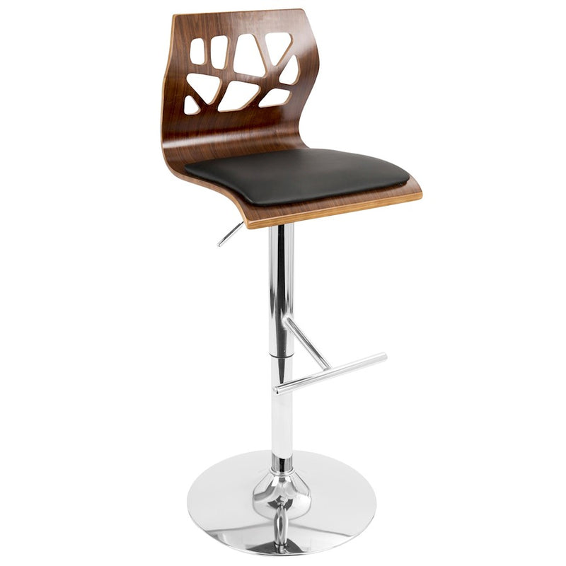LumiSource Folia Adj Barstool, Set/2, Chrome/Walnut/Black
