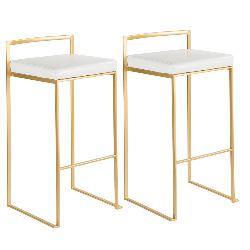 LumiSource Fuji 34in Barstool Set of 2 | Glam Gold Metal and White Faux Leather | Kitchen Island & Home Bar Seating | Model BS-FUJIAU-W2