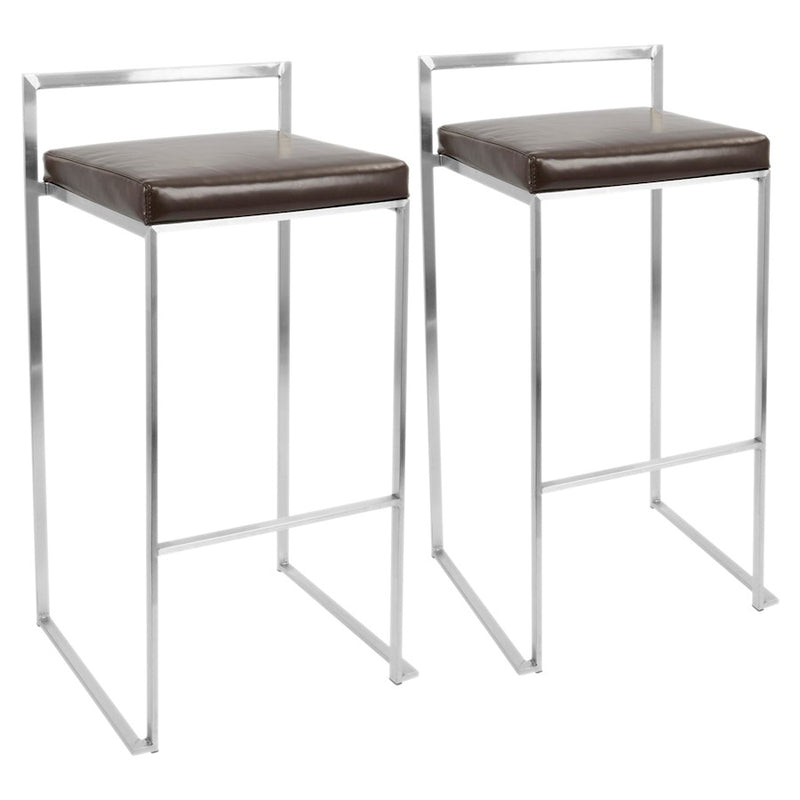 LumiSource Fuji 34in Barstool Set of 2 | Contemporary Brown Stainless Steel and PU Leather | Kitchen Island & Home Bar Seating | Model BS-FUJIBN2