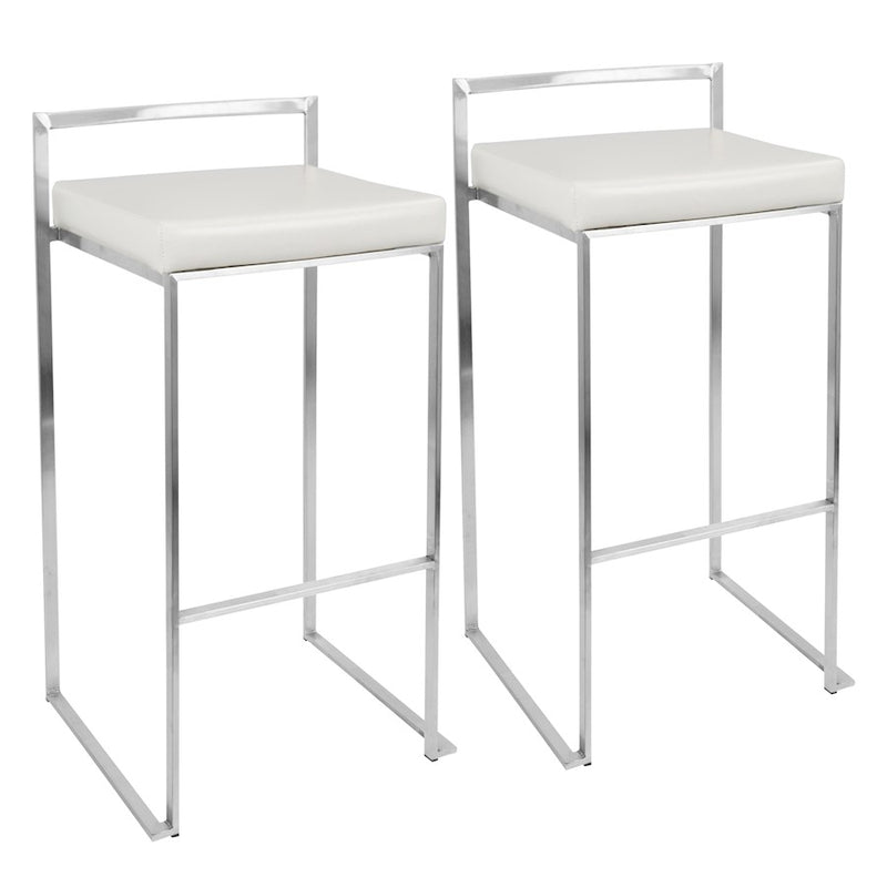 LumiSource Fuji 17.5in Bar Stool Set of 2 | Contemporary White PU Leather and Stainless Steel | Kitchen, Bar & Break Room Seating | Model BS-FUJIW2