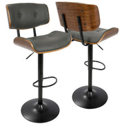 LumiSource Lombardi 21in Adjustable Bar Stool | Mid-Century Walnut and Grey PU Leather with Metal Base | Kitchen Island & Home | Model BS-JY-LMBWL-GY