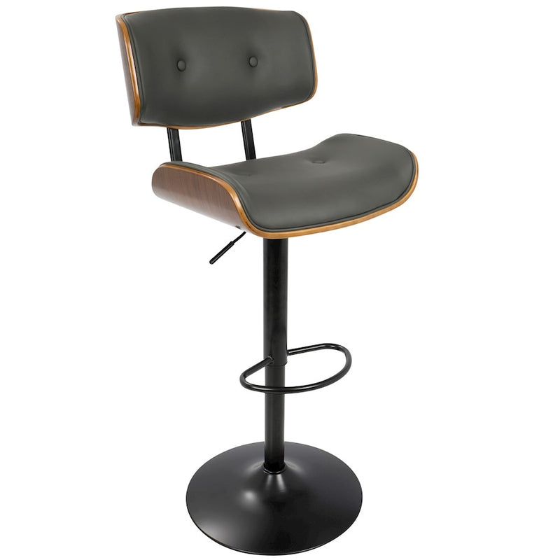 LumiSource Lombardi 21in Adjustable Bar Stool | Mid-Century Walnut and Grey PU Leather with Metal Base | Kitchen Island & Home | Model BS-JY-LMBWL-GY