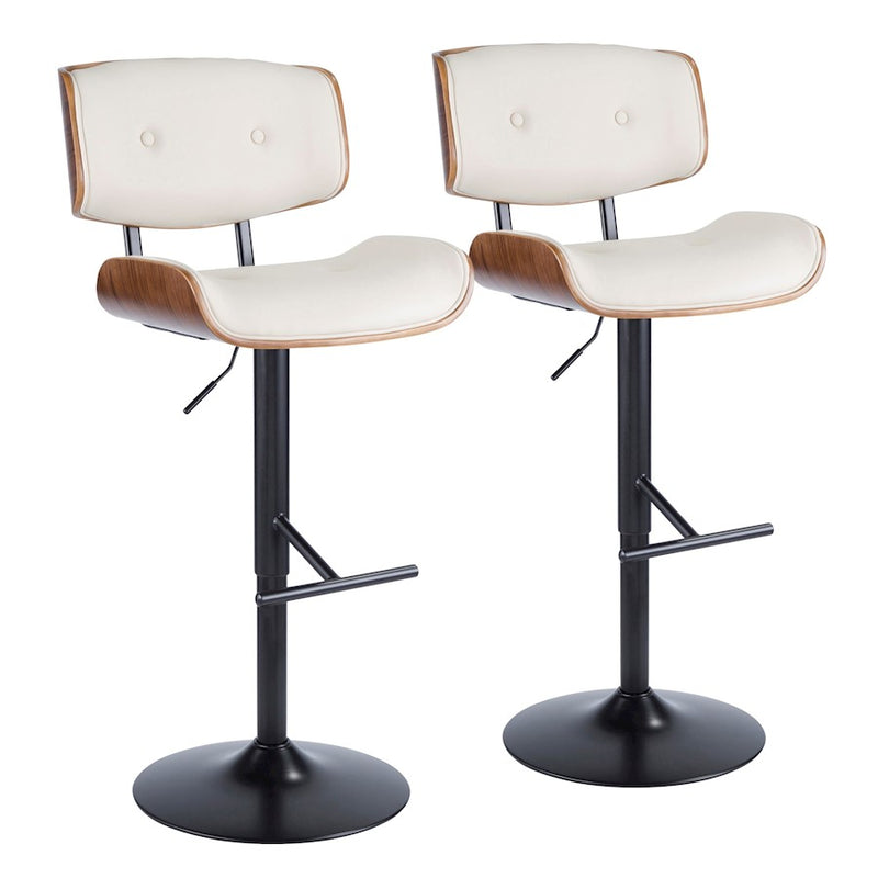 LumiSource Lombardi Adjustable Barstool Set of 2 | Mid-Century Black Walnut & Cream PU | Kitchen & Bar Seating | Model BS-LMB2-SWVTWLCR2