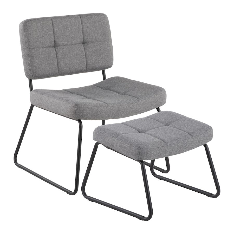 LumiSource Stout Lounge Chair + Ottoman, Black Steel/Grey Fabric - C2-STOUTBKGY