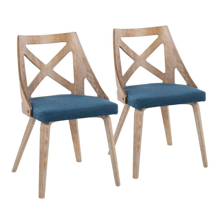 LumiSource Charlotte Chair, Set of 2, White Washed Wood/Blue - CH-CHARLOTWWBU2