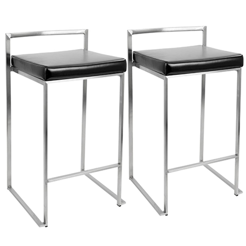 LumiSource Fuji Counter Stool (Set of 2) | Contemporary Black PU Leather & Stainless Steel | Kitchen Island & Bar Seating | Model CS-FUJIBK2