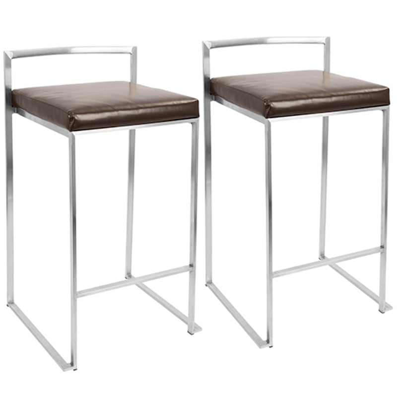 LumiSource Fuji Counter Stool (Set of 2) | Contemporary Brown PU Leather & Stainless Steel | Kitchen Island & Bar Seating | Model CS-FUJIBN2