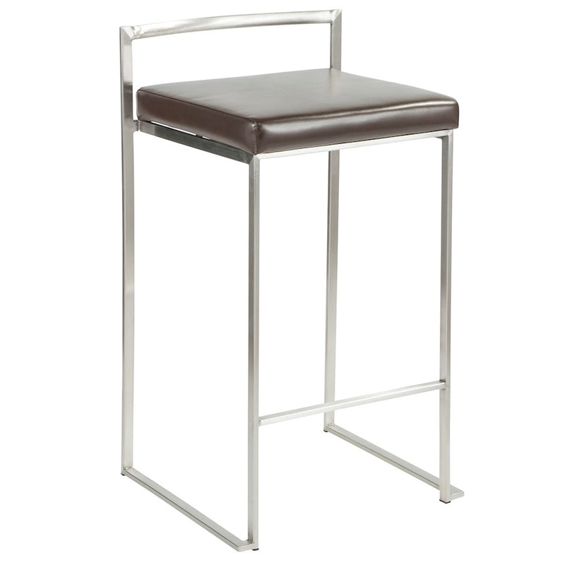 LumiSource Fuji Counter Stool (Set of 2) | Contemporary Brown PU Leather & Stainless Steel | Kitchen Island & Bar Seating | Model CS-FUJIBN2