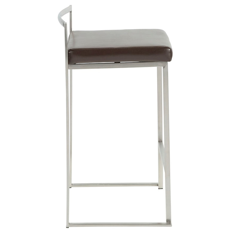 LumiSource Fuji Counter Stool (Set of 2) | Contemporary Brown PU Leather & Stainless Steel | Kitchen Island & Bar Seating | Model CS-FUJIBN2