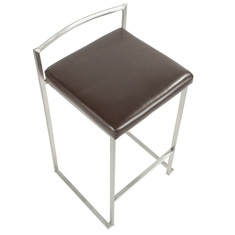 LumiSource Fuji Counter Stool (Set of 2) | Contemporary Brown PU Leather & Stainless Steel | Kitchen Island & Bar Seating | Model CS-FUJIBN2