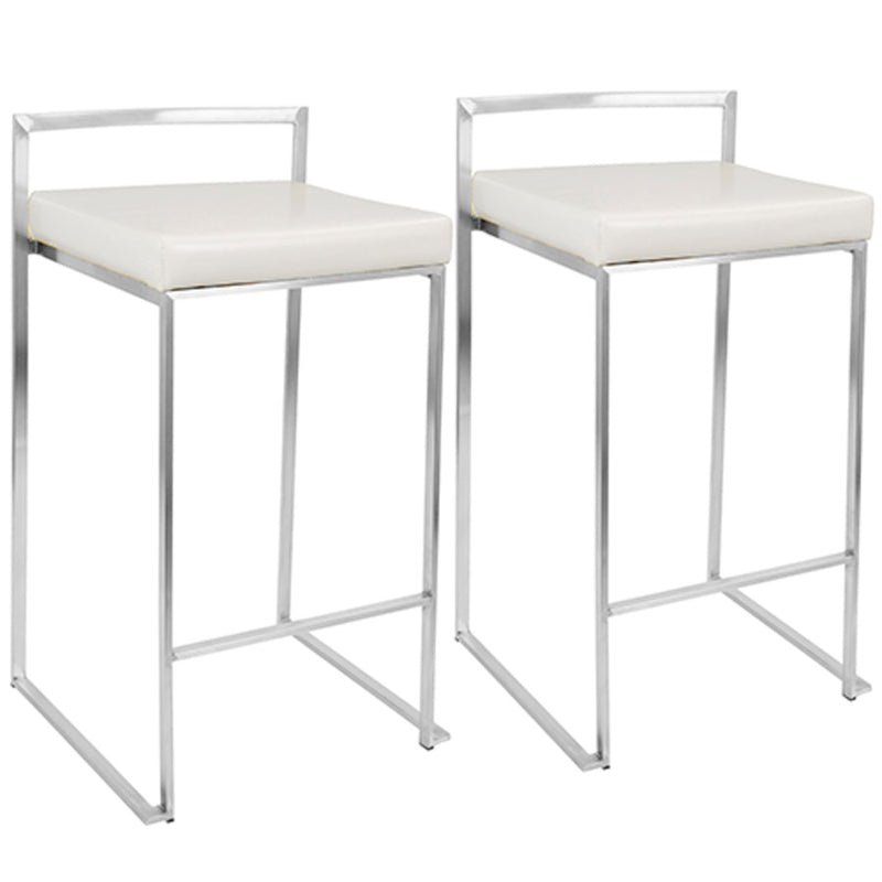 LumiSource Fuji Counter Stool (Set of 2) | Contemporary White PU Leather & Stainless Steel | Kitchen Island & Bar Seating | Model CS-FUJIW2