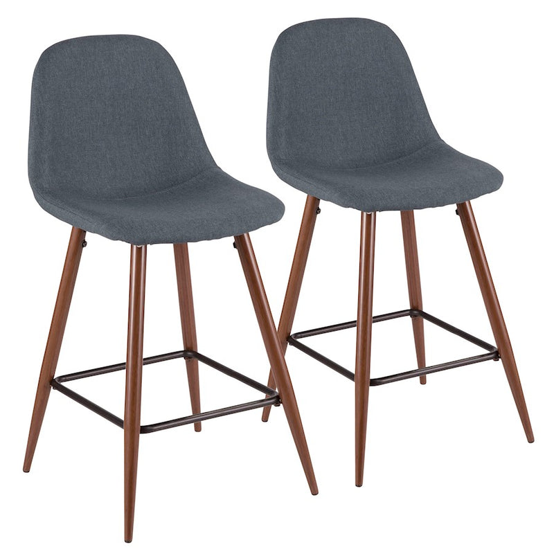 LumiSource Pebble Counter Stool Set of 2 | Mid-Century Walnut and Blue Fabric on Metal | Kitchen & Dining Seating | Model CS-PEBWL-BU2