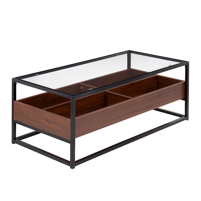 LumiSource Display Coffee Table, Black Steel/Walnut/Clear Glass - CT-DISPLAYBKWL