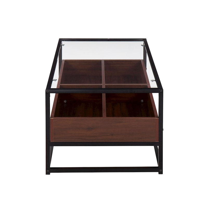LumiSource Display Coffee Table 44in W | Black Steel, Walnut Wood, Clear Glass | Living Room Centerpiece with Storage | Model CT-DISPLAYBKWL