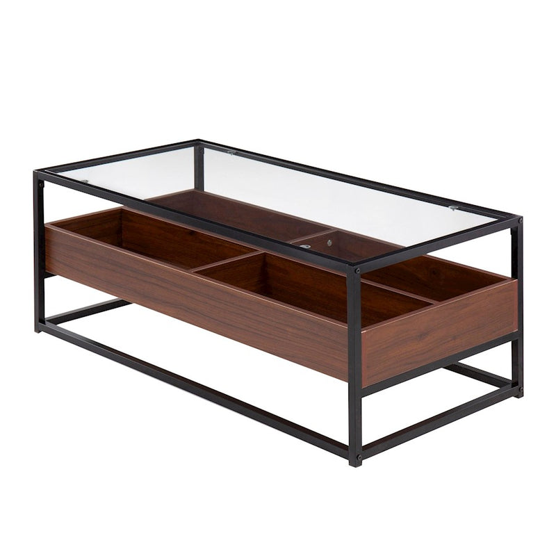 LumiSource Display Coffee Table, Black Steel/Walnut/Clear Glass