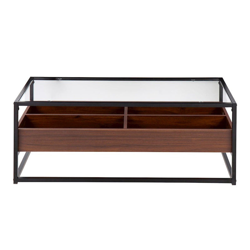 LumiSource Display Coffee Table 44in W | Black Steel, Walnut Wood, Clear Glass | Living Room Centerpiece with Storage | Model CT-DISPLAYBKWL