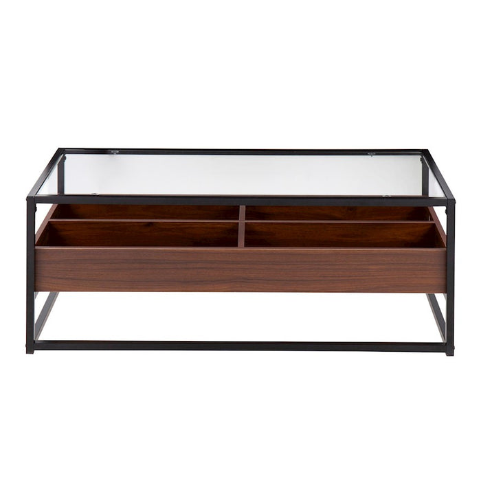 LumiSource Display Coffee Table, Black Steel/Walnut/Clear Glass