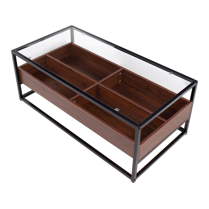 LumiSource Display Coffee Table 44in W | Black Steel, Walnut Wood, Clear Glass | Living Room Centerpiece with Storage | Model CT-DISPLAYBKWL