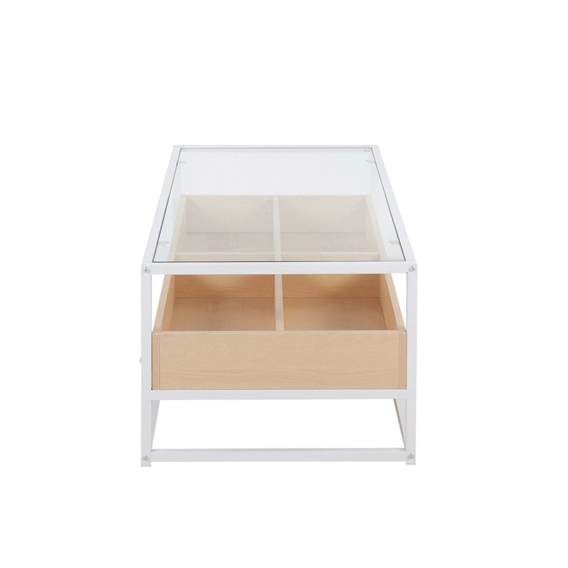 LumiSource Display Coffee Table, White Steel/Natural/Clear Glass