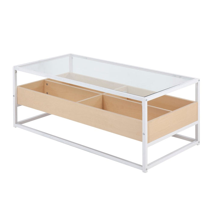LumiSource Display Coffee Table, White Steel/Natural/Clear Glass