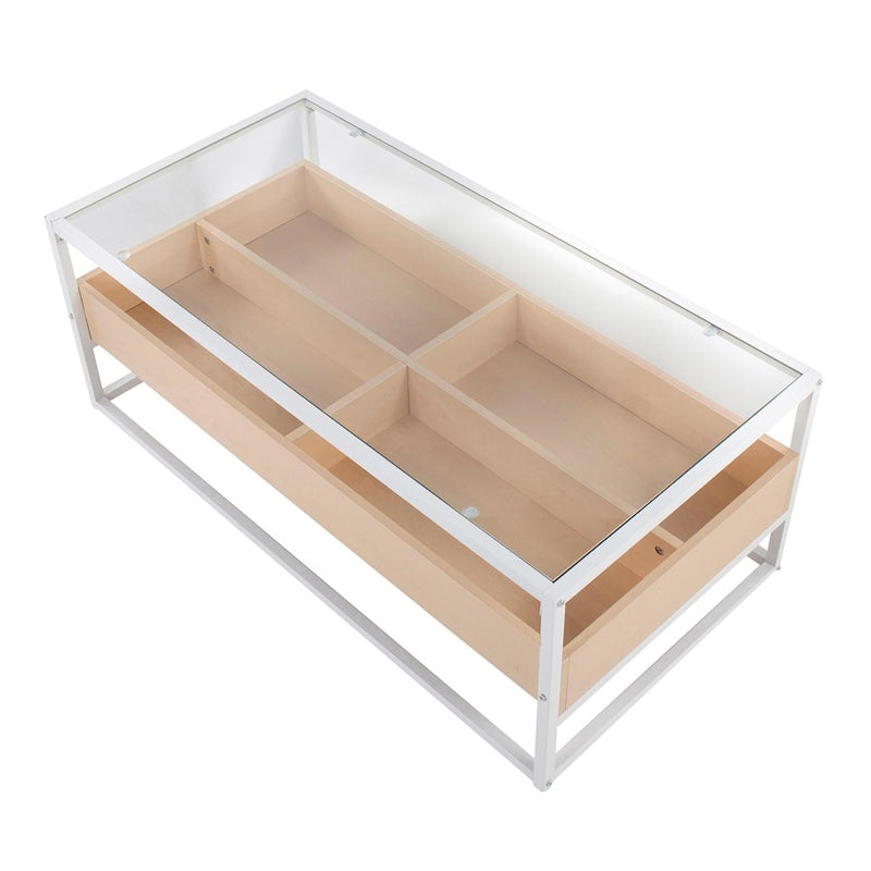 LumiSource Display Coffee Table, White Steel/Natural/Clear Glass